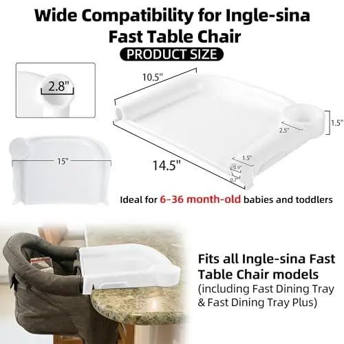 LuQiBabe Portable Baby Dining Tray Compatible with Ingle-sina Fast Table Chair Fits 6–36 Months Babies, BPA-Free Plastic & Dishwasher Safe, Mess-Free & Deep Edge Spill Guard, Home & Travel Use - White - 2