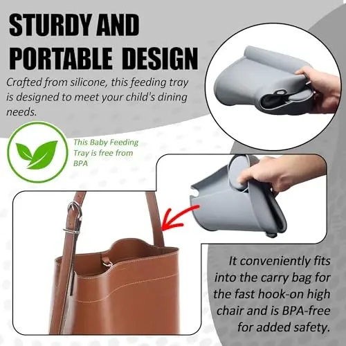 LuQiBabe Silicone Baby Dining Tray Compatible with Ingle-sina Fast Table Chair for Home & Restaurant Use, Portable Clip-On Feeding Tray for Hook-On High Chairs, Dishwasher Safe & BPA Free - Grey - 4