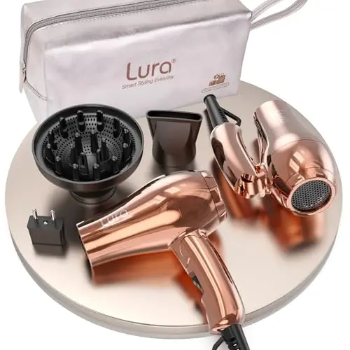 LURA Dual Voltage Travel Hair Dryer with Diffuser,Travel Blow Dryer Mini with EU Plug and UK Plug,Lightweight Portable Hairdryers with Folding Handle,1200W Compact Small Blowdryers for Women 