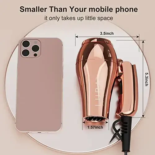 LURA Mini Portable Travel Hair Dryer: Dual Voltage Small Lightweight Blow Dryer with EU Plug, 1200W Compact Hairdryer with Folding Handle, with Concentrator & Diffuser Attachment, for Women and Men - 1