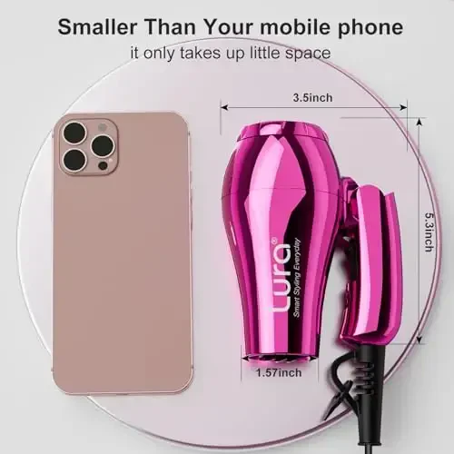 LURA Mini Portable Travel Hair Dryer: Dual Voltage Small Lightweight Blow Dryer with EU Plug,1200W Compact Hairdryer with Folding Handle,with Concentrator&Diffuser AttacModazoneent,for Women and Men(Purple) - LURA (1)