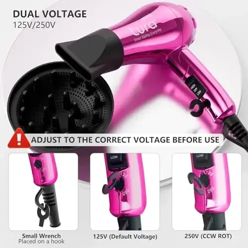 LURA Mini Portable Travel Hair Dryer: Dual Voltage Small Lightweight Blow Dryer with EU Plug,1200W Compact Hairdryer with Folding Handle,with Concentrator&Diffuser AttacModazoneent,for Women and Men(Purple) - 3