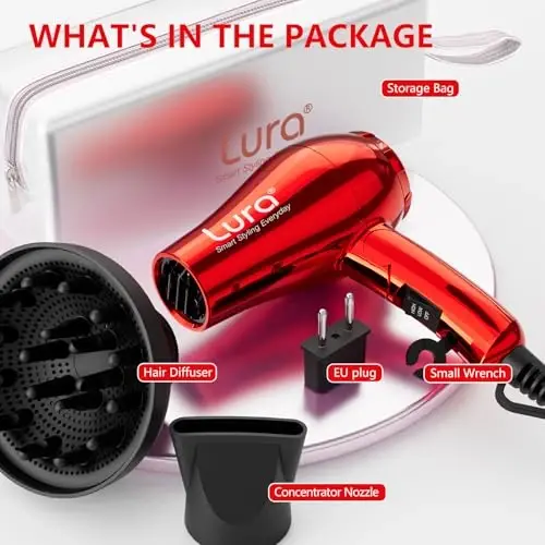 LURA Mini Portable Travel Hair Dryer: Dual Voltage Small Lightweight Blow Dryer with EU Plug,1200W Compact Hairdryer with Folding Handle,with Concentrator&Diffuser AttacModazoneent,for Women and Men(Red) - 5