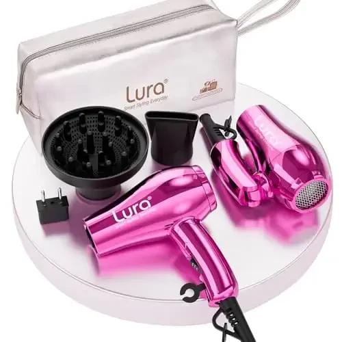 LURA Mini Portable Travel Hair Dryer: Dual Voltage Small Lightweight Blow Dryer with EU Plug,1200W Compact Hairdryer with Folding Handle,with Concentrator&Diffuser AttacModazoneent,for Women and Men(Purple) - LURA