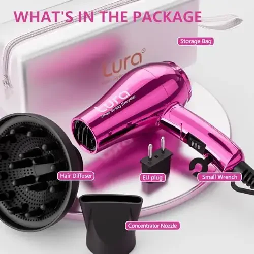 LURA Mini Portable Travel Hair Dryer: Dual Voltage Small Lightweight Blow Dryer with EU Plug,1200W Compact Hairdryer with Folding Handle,with Concentrator&Diffuser AttacModazoneent,for Women and Men(Purple) - 5