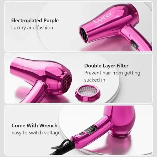 LURA Mini Portable Travel Hair Dryer: Dual Voltage Small Lightweight Blow Dryer with EU Plug,1200W Compact Hairdryer with Folding Handle,with Concentrator&Diffuser AttacModazoneent,for Women and Men(Purple) - 6