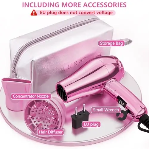LURA Mini Portable Travel Hair Dryer: Dual Voltage Small Lightweight Blow Dryer with EU Plug,1200W Compact Hairdryer with Folding Handle,with Concentrator&Diffuser AttacModazoneent,for Women and Men - 5