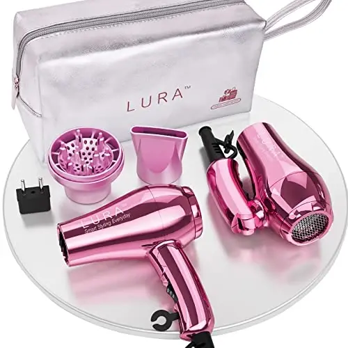 LURA Mini Portable Travel Hair Dryer: Dual Voltage Small Lightweight Blow Dryer with EU Plug,1200W Compact Hairdryer with Folding Handle,with Concentrator&Diffuser AttacModazoneent,for Women and Men - 1