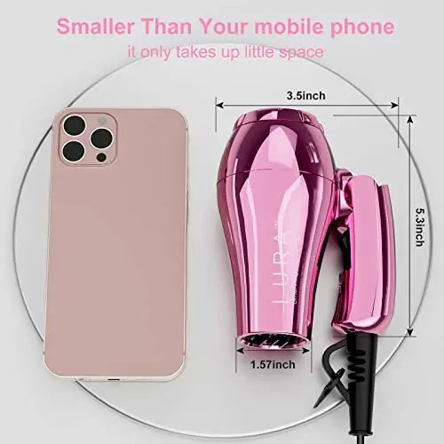 LURA Mini Portable Travel Hair Dryer: Dual Voltage Small Lightweight Blow Dryer with EU Plug,1200W Compact Hairdryer with Folding Handle,with Concentrator&Diffuser AttacModazoneent,for Women and Men - 2