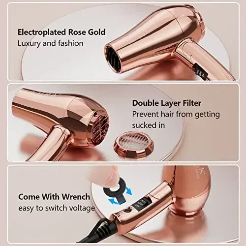 LURA Mini Portable Travel Hair Dryer: Dual Voltage Small Lightweight Blow Dryer with EU Plug,1200W Compact Hairdryer with Folding Handle,with Concentrator&Diffuser AttacModazoneent,for Women and Men - 3