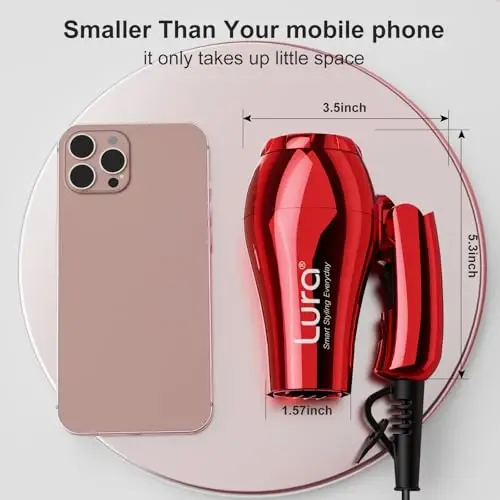 LURA Mini Portable Travel Hair Dryer: Dual Voltage Small Lightweight Blow Dryer with EU Plug,1200W Compact Hairdryer with Folding Handle,with Concentrator&Diffuser AttacModazoneent,for Women and Men(Red) - 2