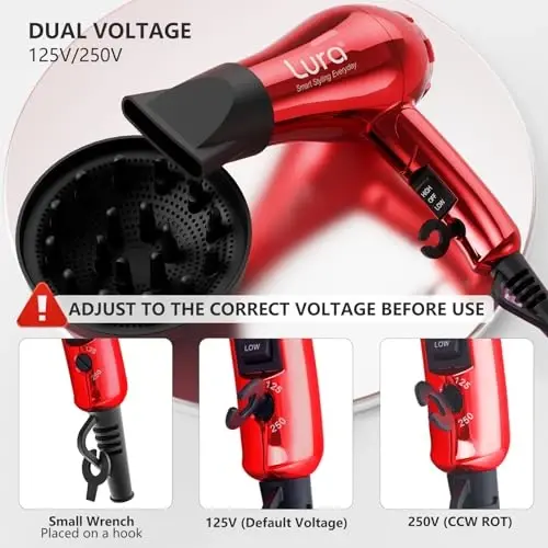 LURA Mini Portable Travel Hair Dryer: Dual Voltage Small Lightweight Blow Dryer with EU Plug,1200W Compact Hairdryer with Folding Handle,with Concentrator&Diffuser AttacModazoneent,for Women and Men(Red) - 3