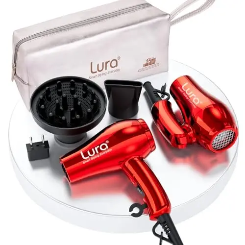 LURA Mini Portable Travel Hair Dryer: Dual Voltage Small Lightweight Blow Dryer with EU Plug,1200W Compact Hairdryer with Folding Handle,with Concentrator&Diffuser AttacModazoneent,for Women and Men(Red) - LURA