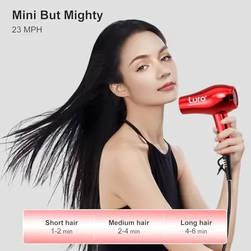 LURA Mini Portable Travel Hair Dryer: Dual Voltage Small Lightweight Blow Dryer with EU Plug,1200W Compact Hairdryer with Folding Handle,with Concentrator&Diffuser AttacModazoneent,for Women and Men(Red) - 4
