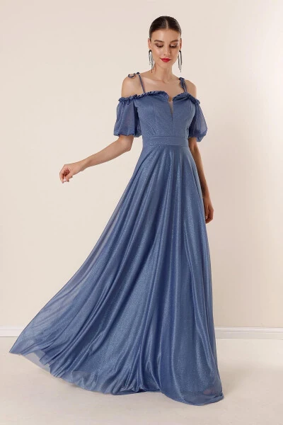Lurex Long Dress with Pleated Collar, Bubble Sleeves, and Lining - BY SAYGI
