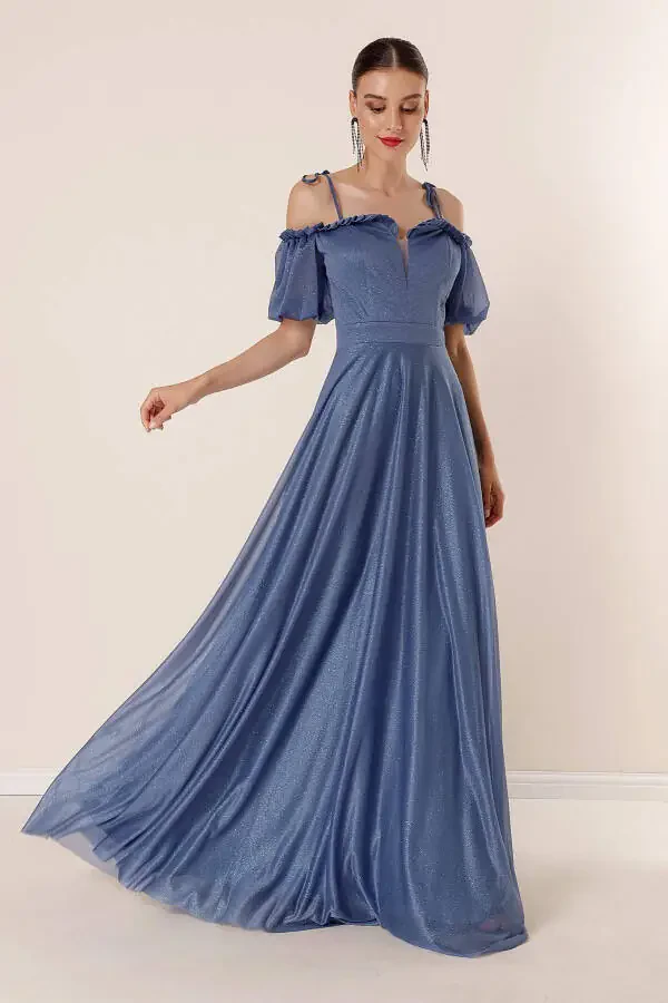 Lurex Long Dress with Pleated Collar, Bubble Sleeves, and Lining - 1