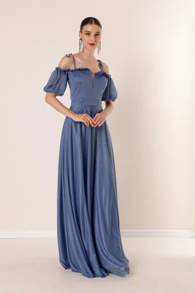 Lurex Long Dress with Pleated Collar, Bubble Sleeves, and Lining - 3