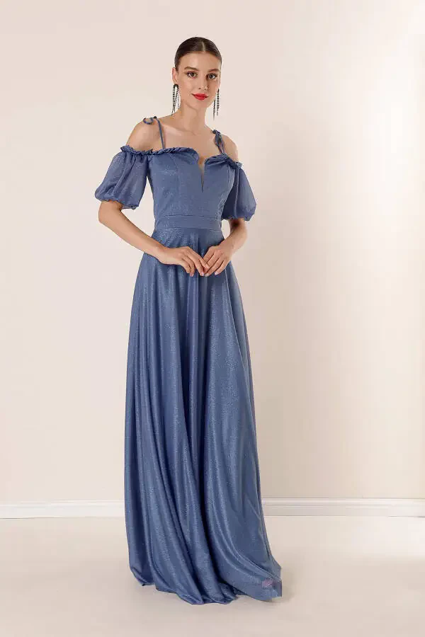 Lurex Long Dress with Pleated Collar, Bubble Sleeves, and Lining - 3