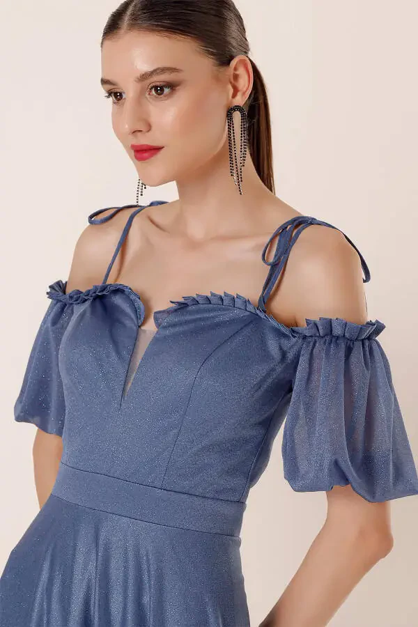 Lurex Long Dress with Pleated Collar, Bubble Sleeves, and Lining - 4