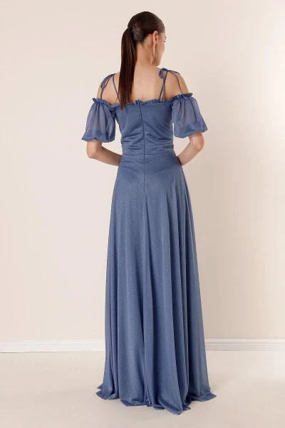 Lurex Long Dress with Pleated Collar, Bubble Sleeves, and Lining - 5