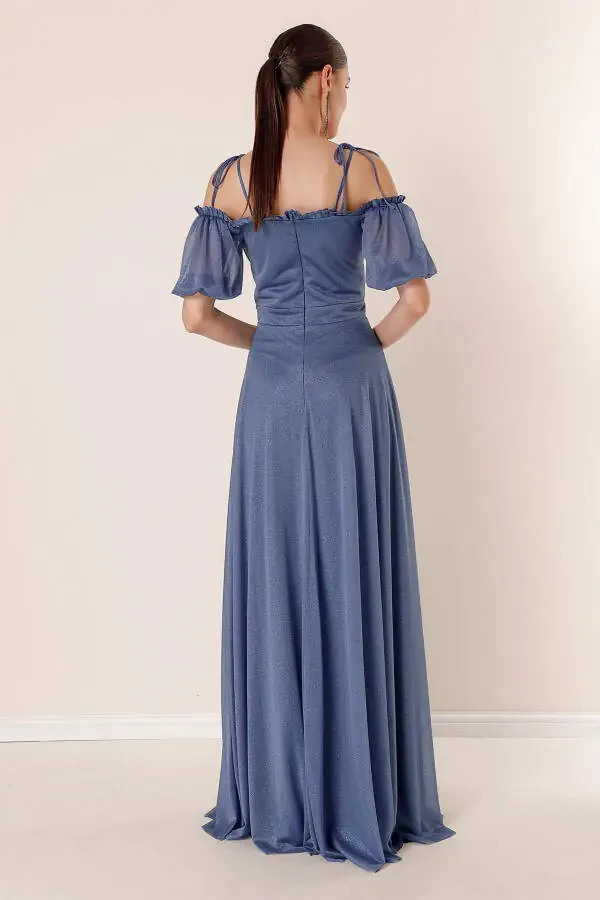 Lurex Long Dress with Pleated Collar, Bubble Sleeves, and Lining - 5