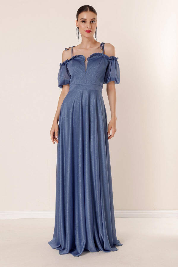Lurex Long Dress with Pleated Collar, Bubble Sleeves, and Lining - 2