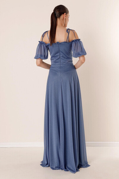 Lurex Long Dress with Pleated Collar, Bubble Sleeves, and Lining - 5