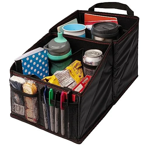 Lusso Gear 9-Compartment Car Seat Organizer with Cup Holders - For Front, Back, Passenger Seats, Truck and Van (Black w Red Stitch) 