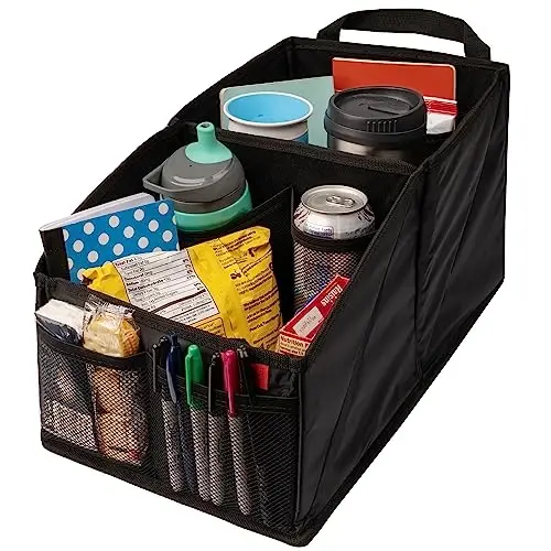 Lusso Gear Car Organizer & Storage Caddy - Black Oxford, 9 Compartments - Backseat Car Organizer with Cup Holders & Mesh Pockets - Road Trip Essentials for Kids - 1