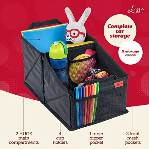 Lusso Gear Car Organizer & Storage Caddy - Black Oxford, 9 Compartments - Backseat Car Organizer with Cup Holders & Mesh Pockets - Road Trip Essentials for Kids - 2