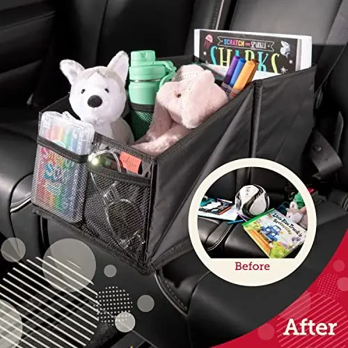 Lusso Gear Car Organizer & Storage Caddy - Black Oxford, 9 Compartments - Backseat Car Organizer with Cup Holders & Mesh Pockets - Road Trip Essentials for Kids - 6
