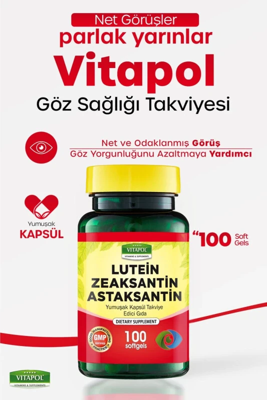 Lutein Zeaksantin Astaksantin Koenzim Q10 Ve Vitamin Kompleksi – 100 Kapsül – Göz Sağlığı - VITAPOL