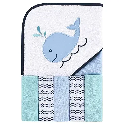 Luvable Friends Unisex Baby Hooded Towel with Five Washcloths, Cotton, Boy Whale, One Size - 1