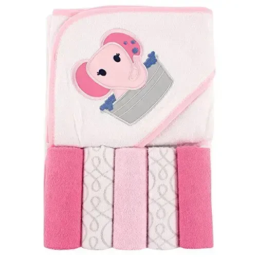 Luvable Friends Unisex Baby Hooded Towel with Five Washcloths, Pink Elephant, One Size - 1