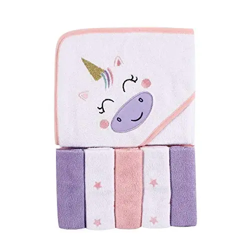 Luvable Friends Unisex Baby Hooded Towel with Five Washcloths, Unicorn, One Size 