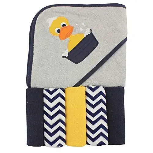 Luvable Friends Unisex Baby Hooded Towel with Five Washcloths,cotton,polyester, Duck, One Size - 1