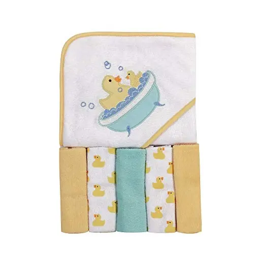 Luvable Friends Unisex Baby Hooded Towel with Five Washcloths, Bathtime Duck, One Size - 1