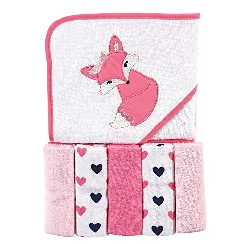 Luvable Friends Unisex Baby Hooded Towel with Five Washcloths, Foxy, One Size - 1