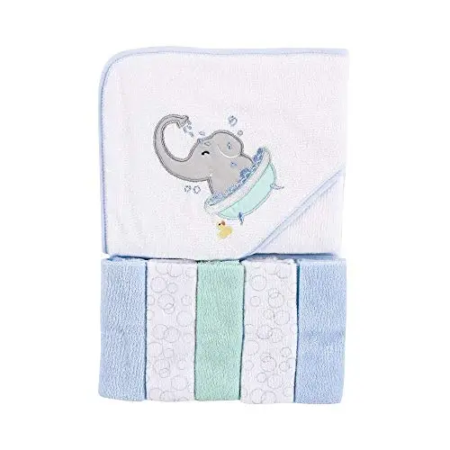 Luvable Friends Unisex Baby Hooded Towel with Five Washcloths, Elephant Bath, One Size 