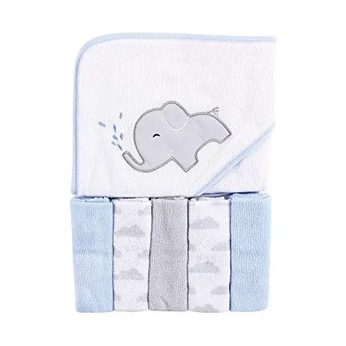 Luvable Friends Unisex Baby Hooded Towel with Five Washcloths, Elephant Spray, One Size - 1