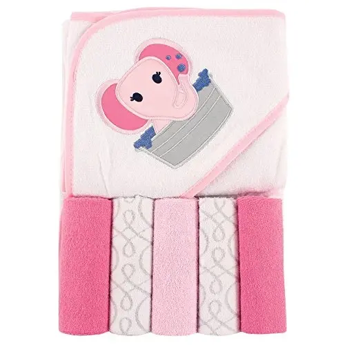 Luvable Friends Unisex Baby Hooded Towel with Five Washcloths, Pink Elephant, One Size 