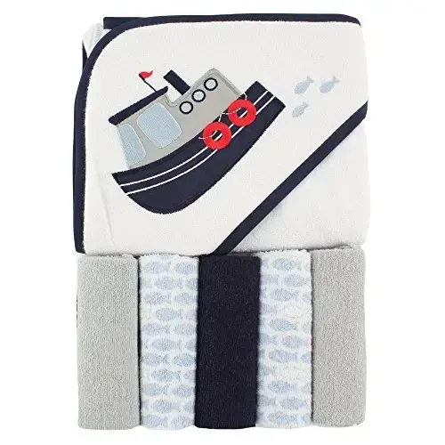 Luvable Friends Unisex Baby Hooded Towel with Five Washcloths, Tugboat, One Size - 1