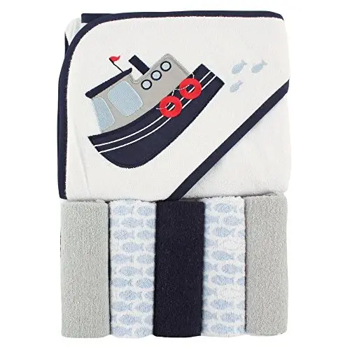 Luvable Friends Unisex Baby Hooded Towel with Five Washcloths, Tugboat, One Size - 1