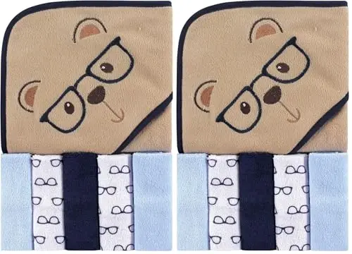 Luvable Friends Unisex Baby Hooded Towel with Five Washcloths, Smart Bear, One Size (Pack of 2) 