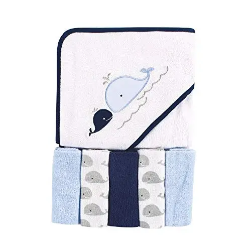Luvable Friends Unisex Baby Hooded Towel with Five Washcloths, Whale, One Size - 1