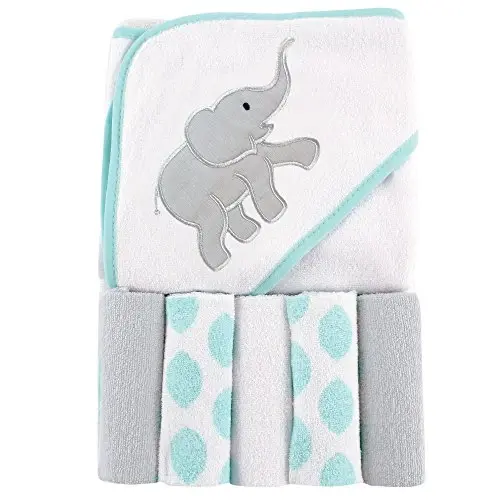 Luvable Friends Unisex Baby Hooded Towel with Five Washcloths, Cotton,Polyester,Ikat Elephant, One Size - 1