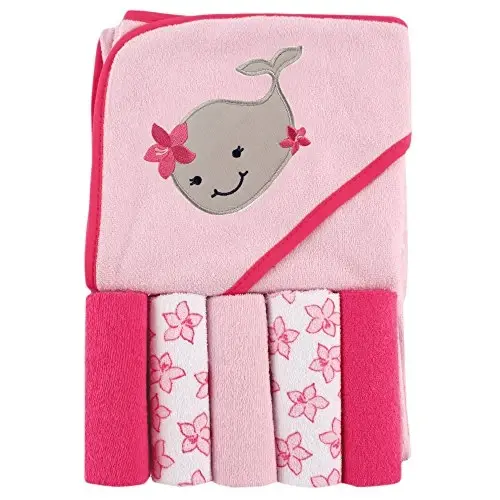 Luvable Friends Unisex Baby Hooded Towel with Five Washcloths, Girly Whale, One Size - 1