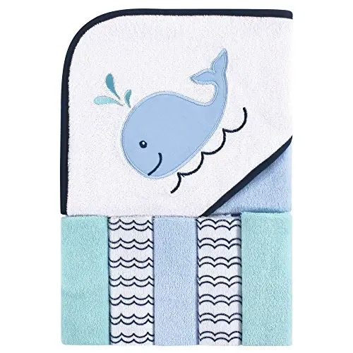 Luvable Friends Unisex Baby Hooded Towel with Five Washcloths, Cotton, Boy Whale, One Size 