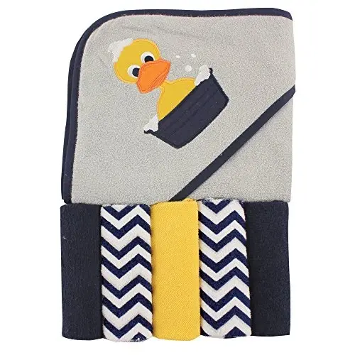 Luvable Friends Unisex Baby Hooded Towel with Five Washcloths,cotton,polyester, Duck, One Size 