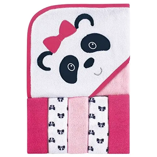 Luvable Friends Unisex Baby Hooded Towel with Five Washcloths, Panda, One Size - 1